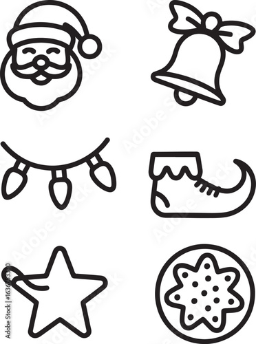 Collection of six simple outline christmas icons including santa claus bell garland elf boot star and cookie silhouette