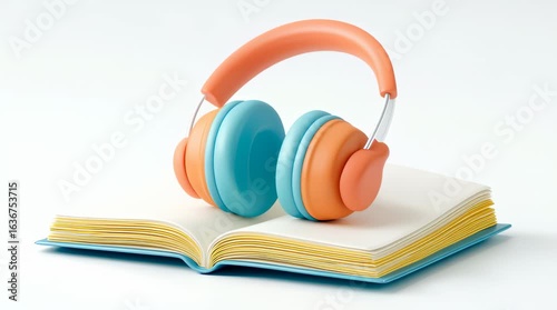 Colorful Headphones Resting on Open Book Creative and Vibrant Back to School Learning Experience for Adults with Orange and Blue Accents
