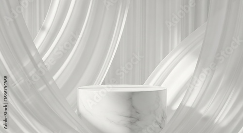 Sunlit Marble Pedestal Framed by Ethereal Flowing White Curtains