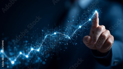 Businessman's hand points upward at digital growing chart in business/office environment