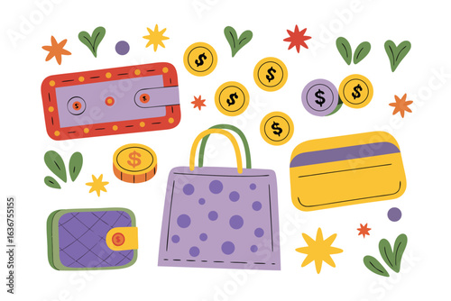 Financial Items: A collection of financial essentials, including a wallet, coins, credit card, and a stylish purse, elegantly arranged to symbolize financial concepts.