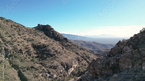 Aerial drone shot of Molino Basin Canyon and Mt Lemmon highway scenic drive in Tucson Arizona highlands