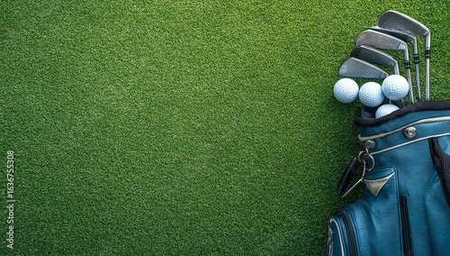 Overhead Shot of Golf Equipment on Lawn with Room for Text – Ideal for Sports Ads or Web Use