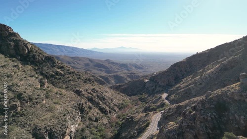 Aerial drone shot of Molino Basin Canyon and Mt Lemmon highway scenic drive in Tucson Arizona highlands