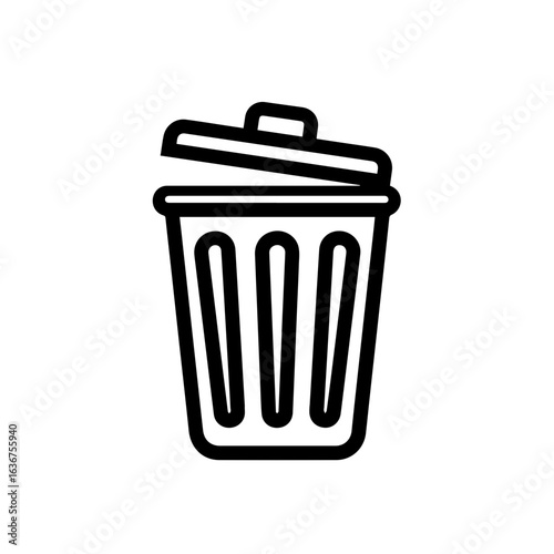 Minimalist black and white vector icon of trash bin with open lid
