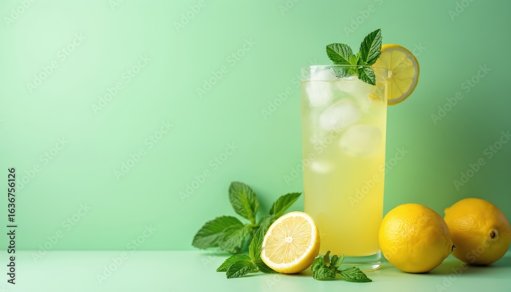 Fototapeta premium Refreshing iced lemonade with mint and lemon slices. Tall glass filled with icy beverage, garnished with fresh mint leaves. Whole lemons and half lemon nearby on green background.