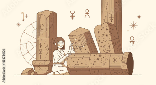 Restoring Ancient Knowledge A Serene Ritual With Celestial Markings And Historic Ruins
