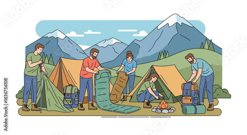 Team Preparing For Camping Adventure At Campground In The Mountains With Tents