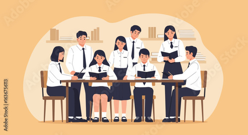 Team of students collaborates in classroom with teacher supervision creates togetherness