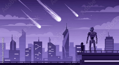 Robot And Child In Futuristic City Watching Meteor Shower Illustration