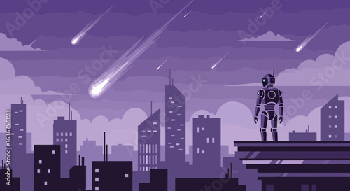 Robot Overseeing a Meteor Shower Over the Cityscape with a Futuristic Theme in Violet Colors