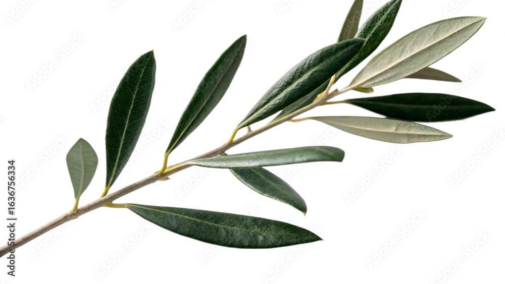 Naklejka premium A delicate olive branch with elongated green leaves against a stark black background