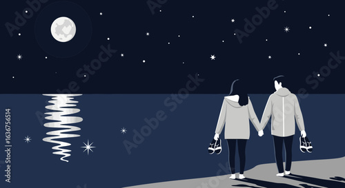 Romantic night scene of couple holding hands under the starry sky and moonlight by the water