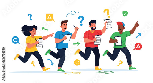 Teamwork Quest Diverse Individuals Collaborating For Survey With Clipboard And Writing Tools