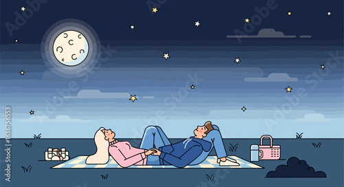 Romantic night with couple under moon and stars in charming vector illustration