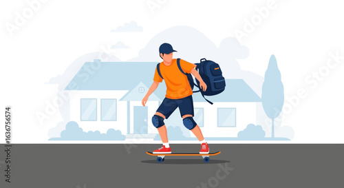 Teenager Enjoying a Skateboard Ride in the Suburbs With his Backpack Outdoors