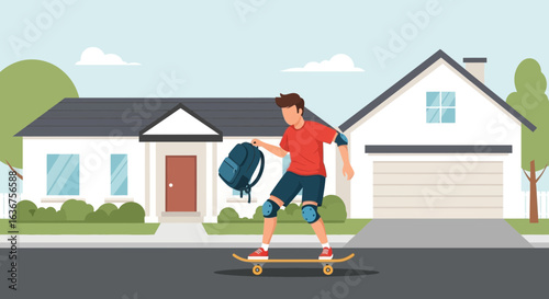 Teenager Rides Skateboard Holding Backpack in Residential Neighborhood Illustration