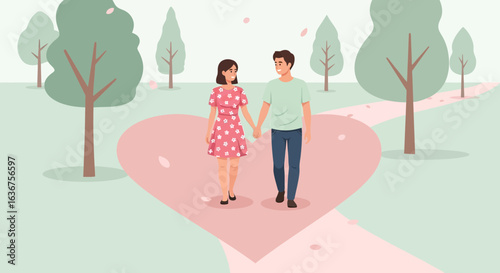 Romantic Stroll In Park A Couple Walk On Heart Shaped Path Together