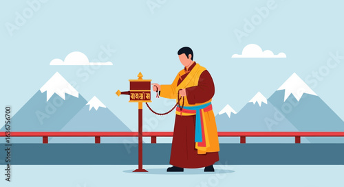 Tibetan Monk Spinning Prayer Wheel At Peaceful Mountain Landscape Illustration