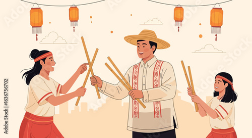 Tinikling dance performance at a Filipino cultural festival with bamboo sticks and lanterns creating a festive atmosphere