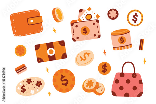  Financial Symbols: A collection of money symbols, including coins, wallets, bags, and more, arranged in a neat composition, suggesting wealth and financial planning.