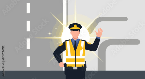Safety First Policeman Directing Traffic In Reflective Safety Vest Illustration