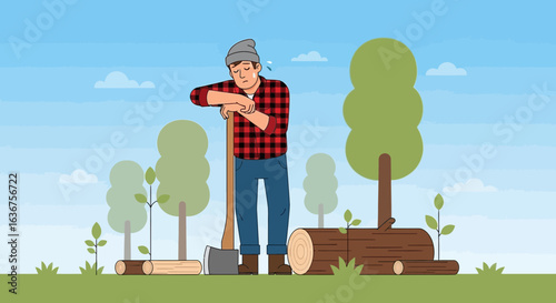 Tired Lumberjack Resting After Chopping Wood Cartoon Illustration Flat Design