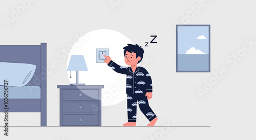 Tired Boy In Pajamas Turning Off The Light Before Bedtime Illustration