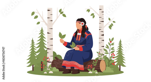 Sami Woman Relaxing In The Woods Discovering Forest With Authentic Clothing