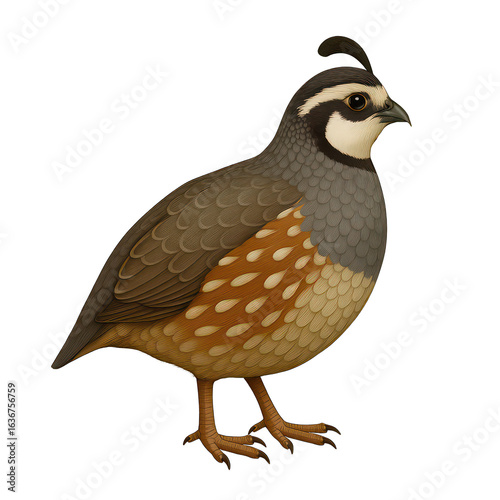 A vibrant quail standing with pride, captured in a detailed illustration. showcasin exquisite colors and intricate feather patterns.