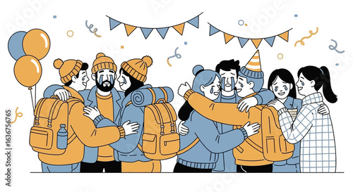 Touching Reunion Between Friends After Long Journey Party Celebration Surprise
