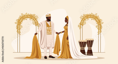 Traditional African Wedding Ceremony With Golden Accents And Floral Arches
