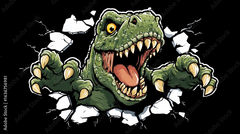 Obraz premium Cartoon dinosaur bursts through wall