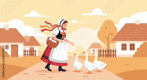 Traditional Countryside Scene Woman in Folk Costume and Three Geese