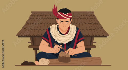 Traditional Craftsman Engraving Wood Wearing Indigenous Attire Outdoors