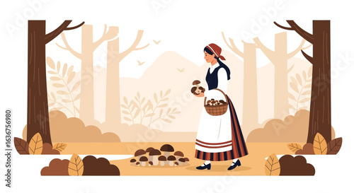 Traditional Dress Woman Gathering Fresh Mushrooms In Peaceful Autumn Forest