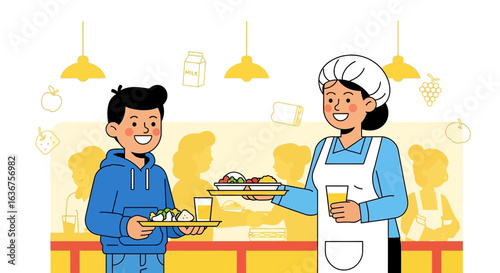 School Cafeteria Scene Illustration With Student Receiving Lunch From Server