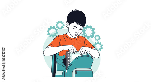 Schoolboy Organizing His Backpack Preparing for School Day