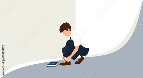 Schoolboy Tying His Shoelaces With Book Beside Him On The Floor Minimalist Art