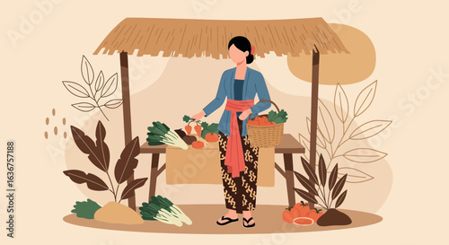 Traditional Market Vendor Offering Fresh Produce In Southeast Asia Illustration