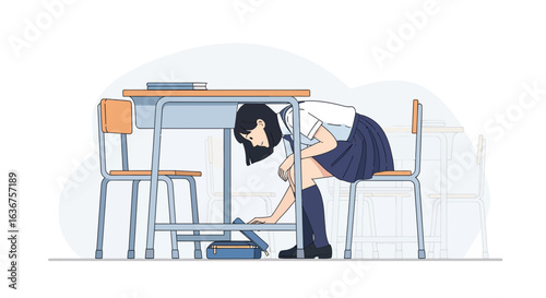 Schoolgirl Searching For Lost Item Under Classroom Desk Cartoon Illustration