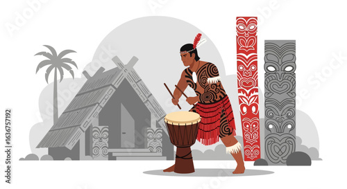 Traditional Maori Drummer Performing Ritual in Village Scene Depicting Cultural Heritage