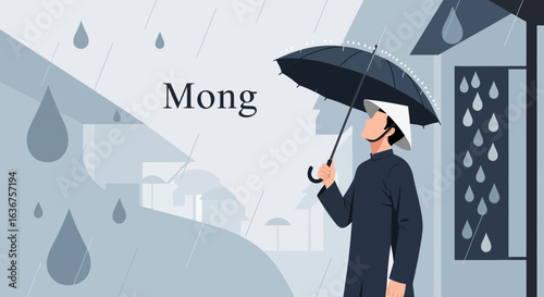 Traditional Man With Umbrella Under The Rain With Minimalist Style Art