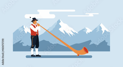 Traditional Swiss Alphorn Player in Alpine Landscape Illustration for Tourism and Culture