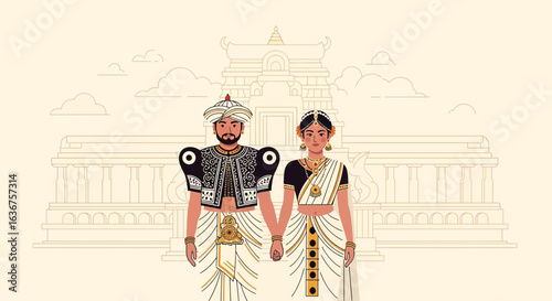 Traditional Sri Lankan Wedding Ceremony Illustration with Kandyan Couple and Temple Background