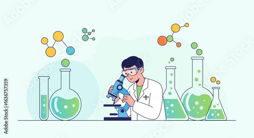 Scientist Analyzing Experiment In Laboratory With Microscope And Chemical Liquid
