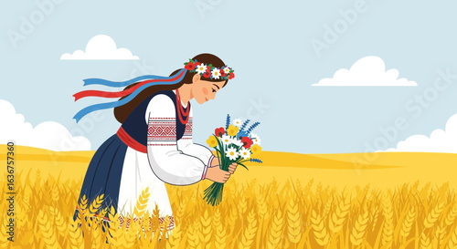 Traditional Ukrainian Girl In A Wheat Field Holding Flowers Illustration