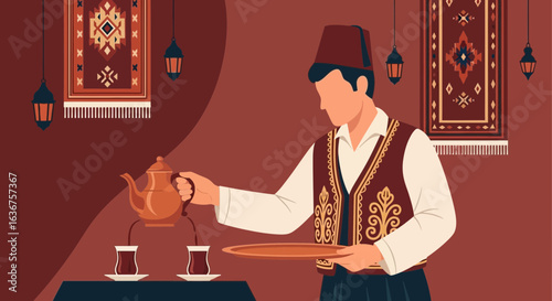 Traditional turkish tea service with fez-wearing waiter in a cozy restaurant setting