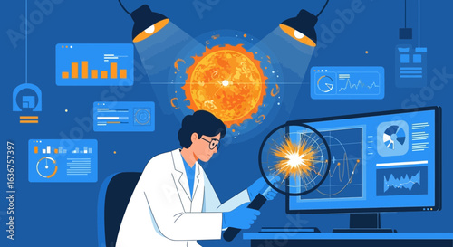 Scientist Analyzing Solar Activity Data with Magnifying Glass in Laboratory