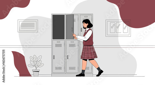 Young Student Opens Her School Locker In A Hallway Illustration